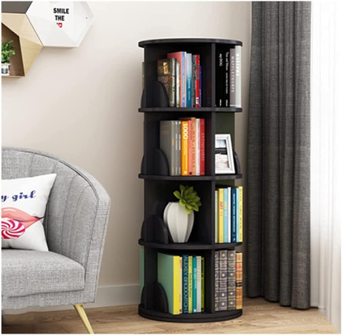 Katzowen Book Shelf Organizer 360 Degree Rotating Bookshelf Round Multi-Layer Rack Save Space Floor-Standing Bookcase Bedroom，Living Room Decor Office Decor (Color : Black, Size : 4 Tier)