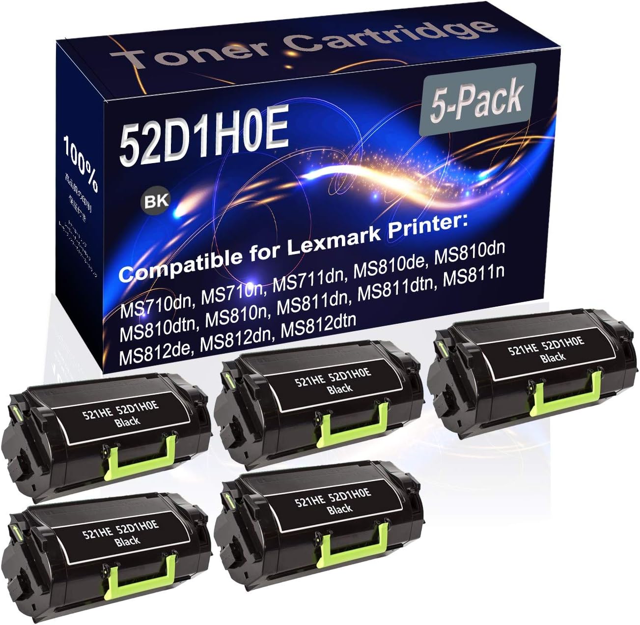 Kolasels 5-Pack (Black) Compatible MS710dn MS710n MS711dn MS810de MS810dn MS810dtn Laser Printer Cartridge (High Capacity) Replacement for 521HE 52D1H0E Printer Cartridge