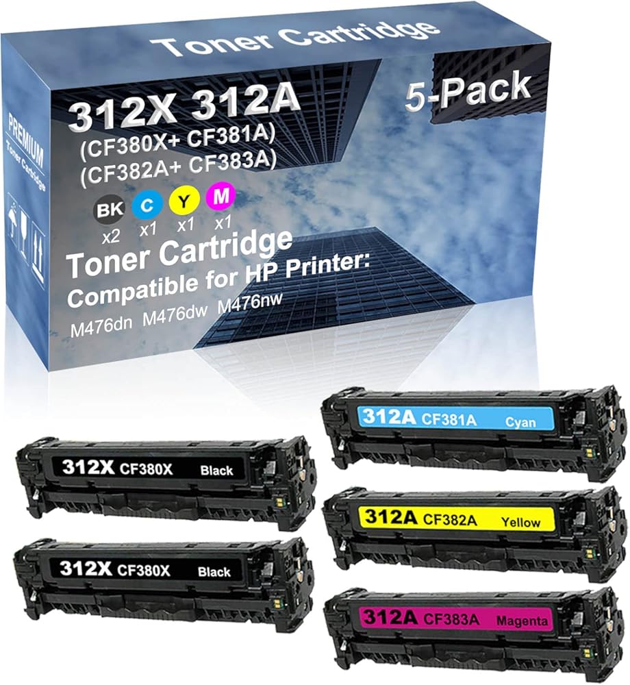 5-Pack (2BK+C+Y+M) Compatible High Capacity 312X 312A (CF380X+ CF381A+ CF382A+ CF383A) Toner Cartridge use for M476dn Printer