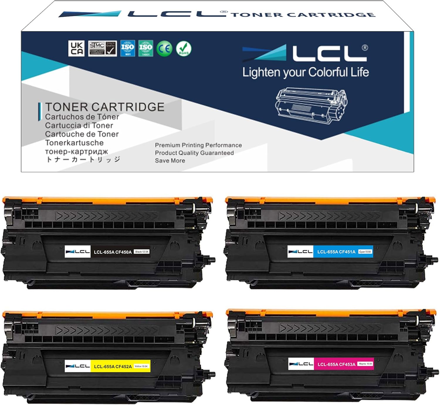 655A Toner Cartridges 4 Pack Replacement for HP 655A CF450A CF451A CF452A CF453A for Enterprise M652dn M652n M652 M653dn M653dh M653x M653 MFP M681dh M681f M681 M681f Printer (KCMY)
