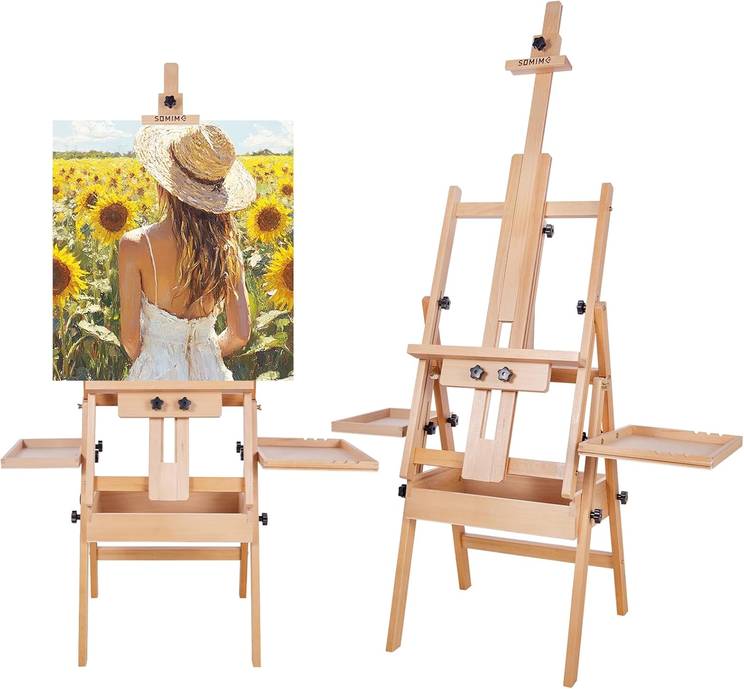 Somime Large Horizontal Wooden H-Frame Studio Easel with Storage Drawer and Palettes, Solid Beechwood Painting Easel for Students, Beginners, and Artists, Hold Canvas to 50Inches High