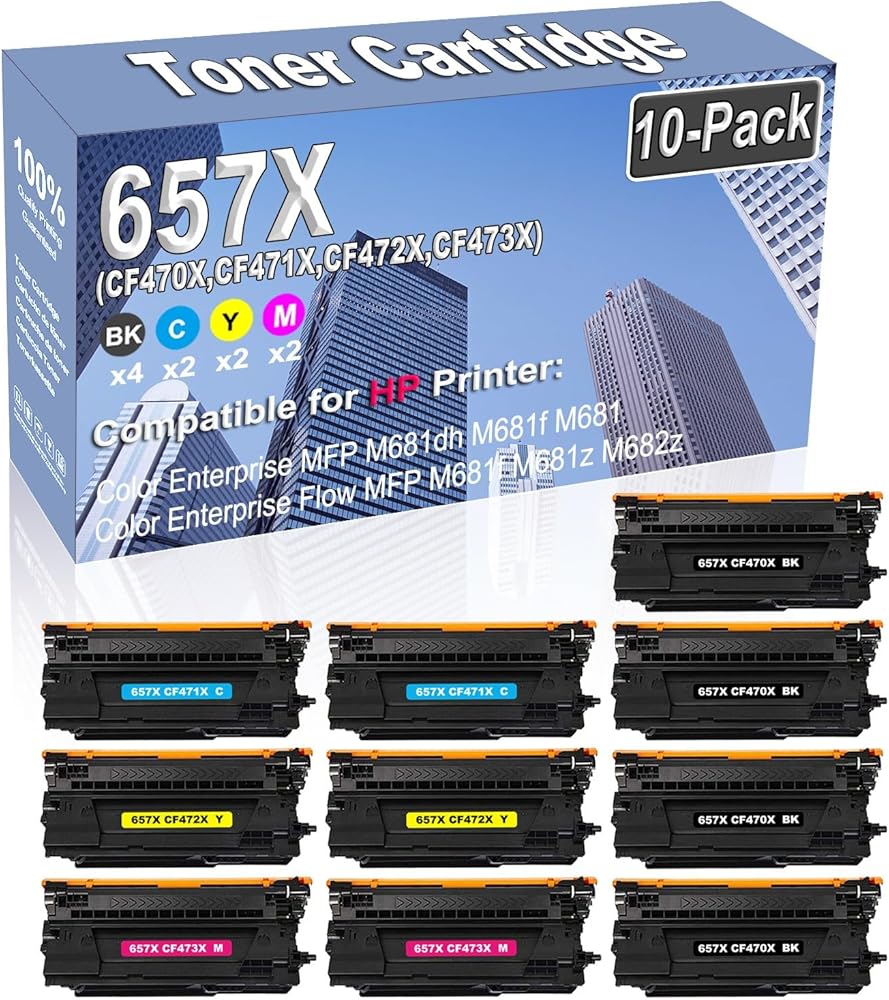 10-Pack (4BK/2C/2Y/2M) Compatible High Yield 657X (CF470X CF471X CF472X CF473X) Imaging Toner Cartridge Replacement for HP Color Enterprise MFP M681dh M681f M681 Printer