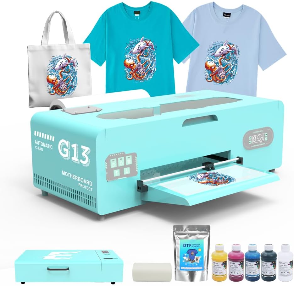 HIXSOP A3 1390 DTF Transfer Printing Machine with Roll Feeder, White Ink Circulation and Semi-Automatic Cleaning for T-Shirt Maker and Clothes Design, Blue(Printer+Oven+Ink+Software)