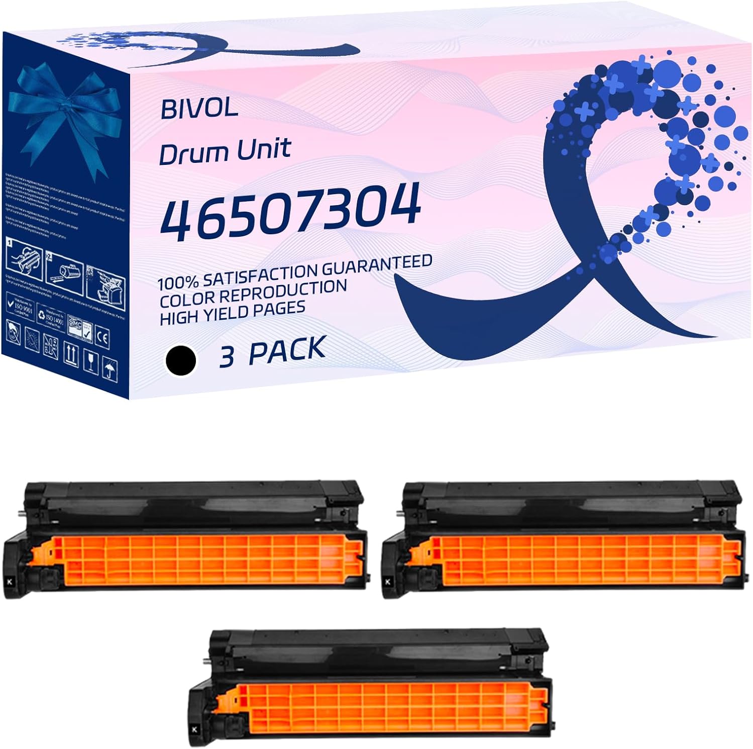 BIVOL 46507304 46507303 46507302 46507301 Drum Unit Compatible for Okidata OKI C612DN C612N Printers, with Chip, High Yield 40000 Pages, Vivid Colors (3 Pack Black)