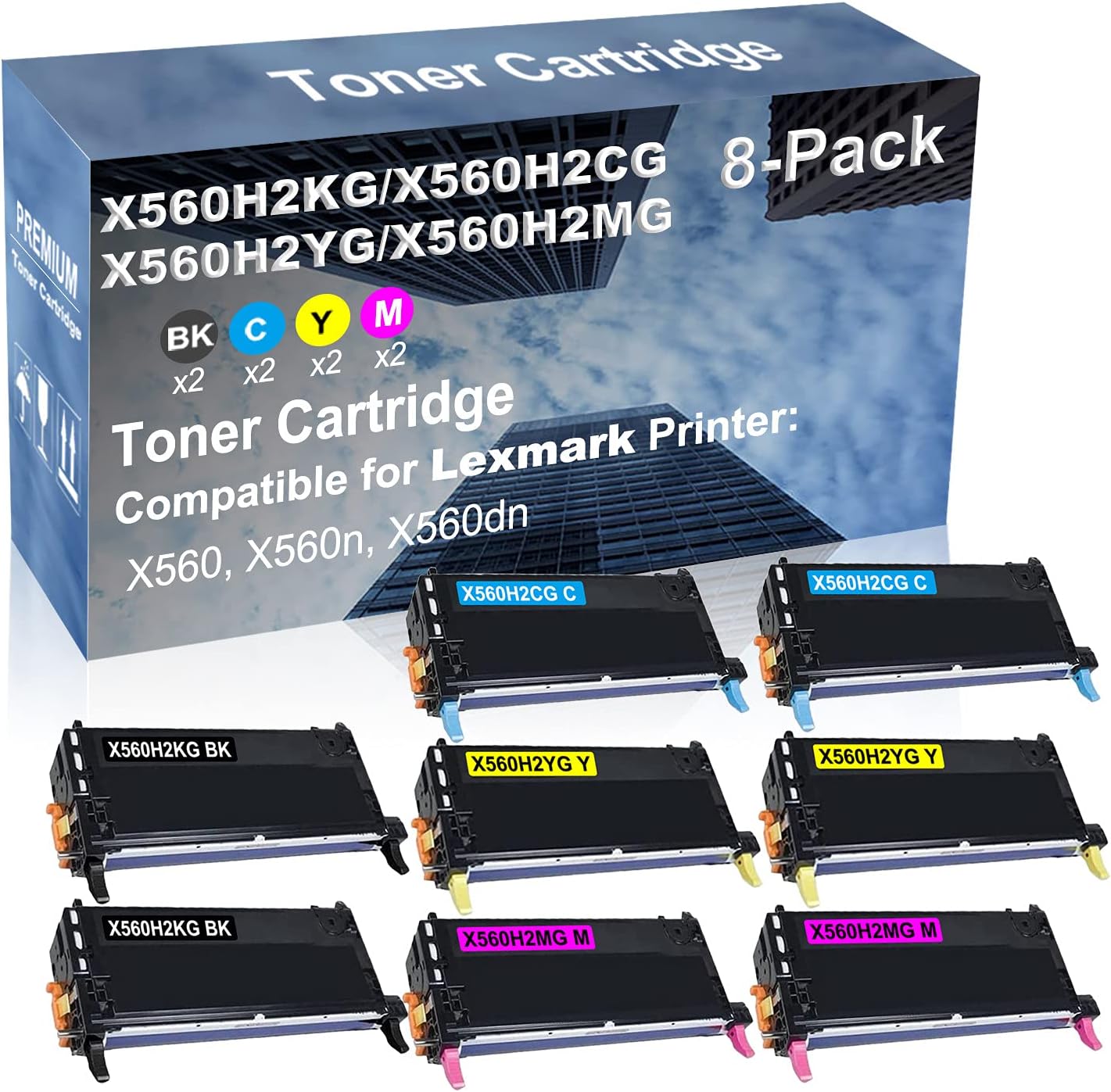 8-Pack (2BK+2C+2Y+2M) Compatible High Yield X560H2KG+ X560H2CG+ X560H2YG+ X560H2MG Laser Printer Toner Cartridge Used for Lexmark X560, X560n, X560dn Printer