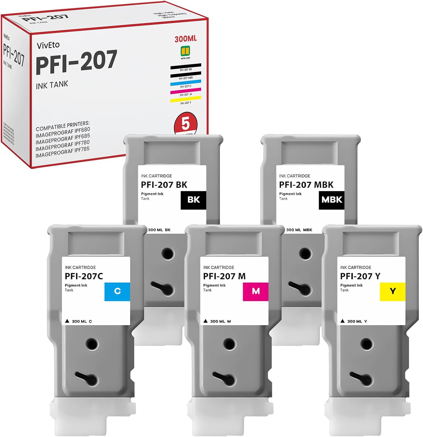 PFI-207 Ink Tank Bundle 300ML with New Chip Replacement for Canon PFI207 PFI-207 Ink Cartridge 8788B001 8789B001 8790B001 8791B001 8792B001 for imagePROGRAF iPF680 iPF685 iPF780 iPF785 Printer 5-Pack