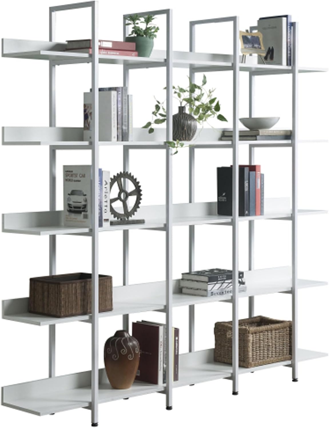 LEJUNMEISS Bookcase Triple Wide 5 Tiers Large Open Bookshelf Etagere Bookshelves with Back Fence for Home Office Decor Easy Assembly-White