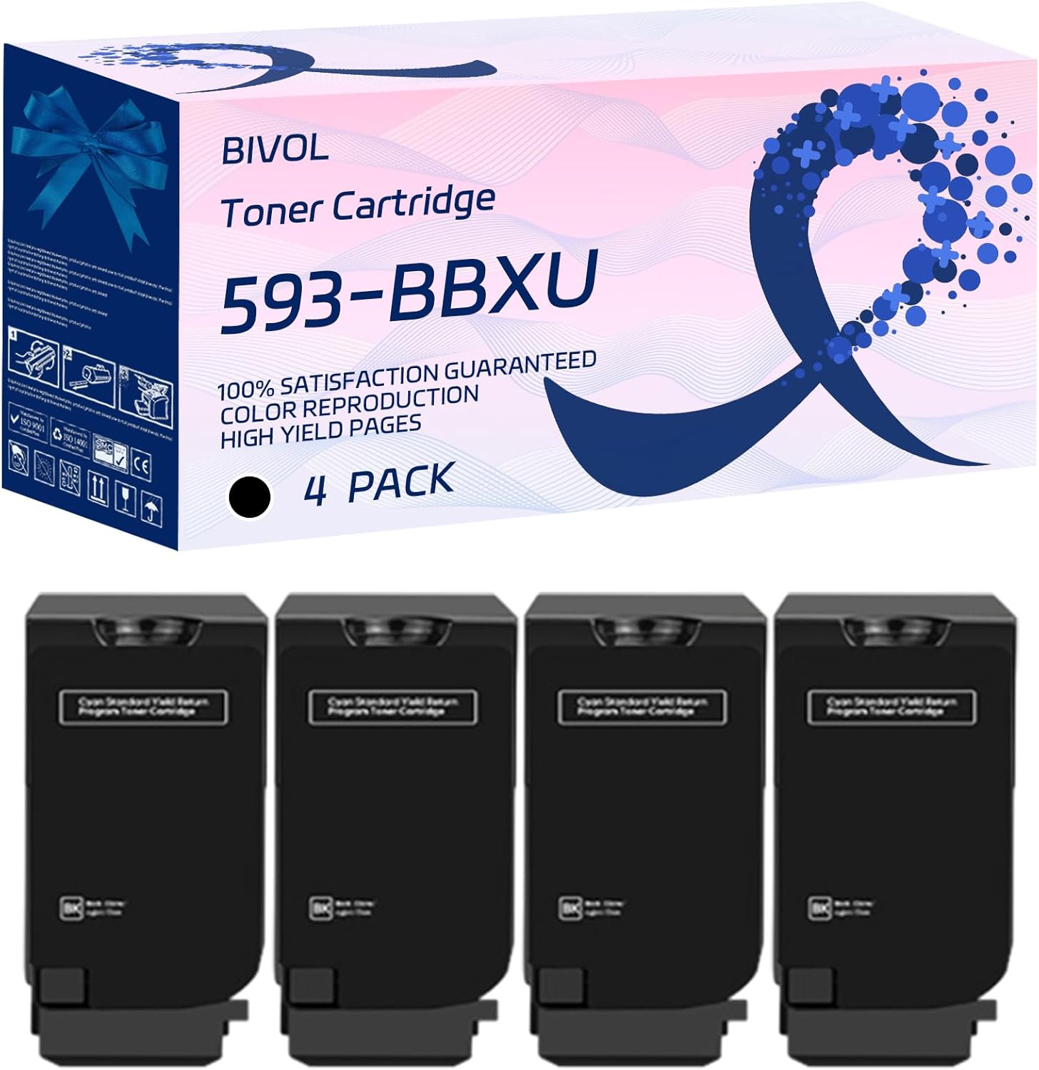 593-BBXU Toner Cartridge Compatible for Dell S5840 Printers, with Chip, High Yield 8000 Pages, Vivid Colors (4 Pack Black)