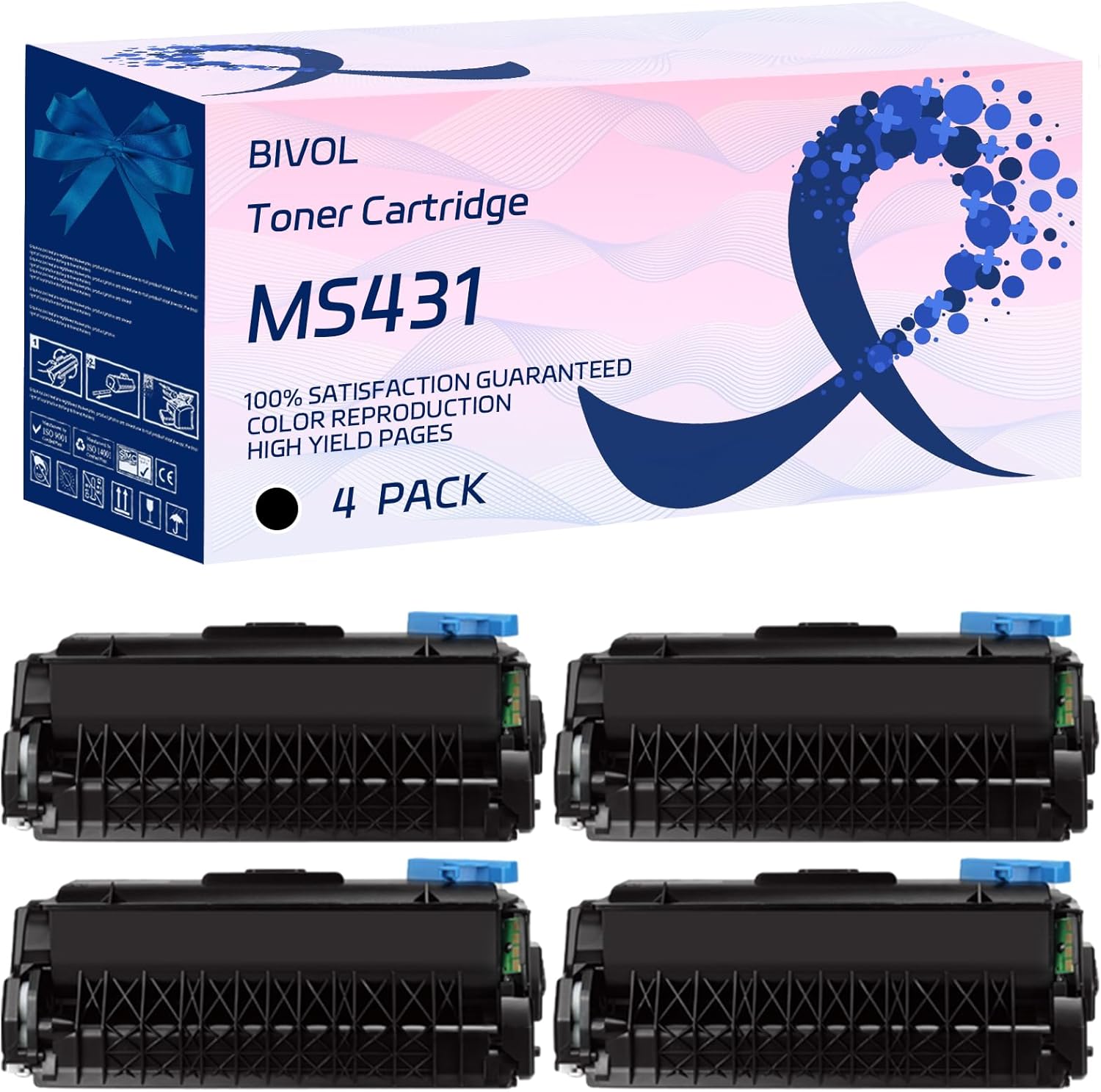 BIVOL MS431 Toner Cartridge Compatible for Lexmark MS331dn MX331 MX431 Printers, with Chip, High Yield 3000 Pages, Vivid Colors (4 Pack Black)