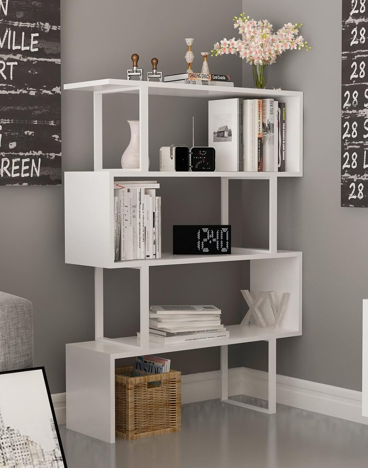Decorotika Adriana 4-Shelf Geometric Modern Industrial Etagere Bookcase Bookshelf Shelving Unit (White)