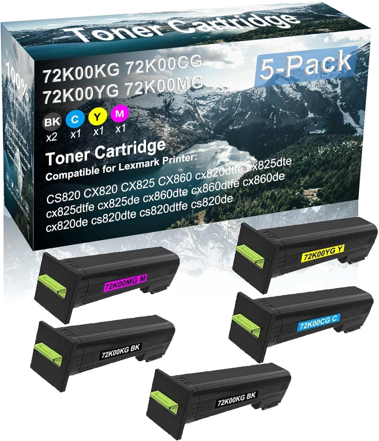 5 Pack (BK+C+Y+M) Compatible Printer Toner Replacement for Lexmark 72K00KG 72K00CG 72K00YG 72K00MG Printer Cartridge use for Lexmark cx825dtfe cx825de cx860dte cx860dtfe cx860de Printer