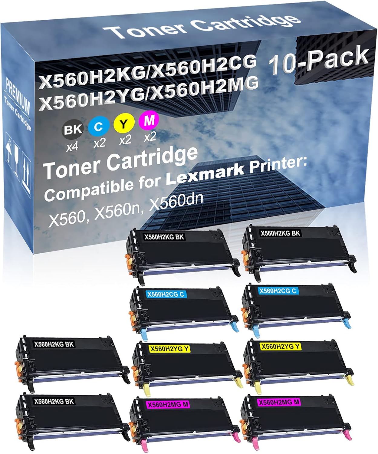 10-Pack (4BK+2C+2Y+2M) Compatible High Yield X560H2KG+ X560H2CG+ X560H2YG+ X560H2MG Laser Printer Toner Cartridge Used for Lexmark X560, X560n, X560dn Printer