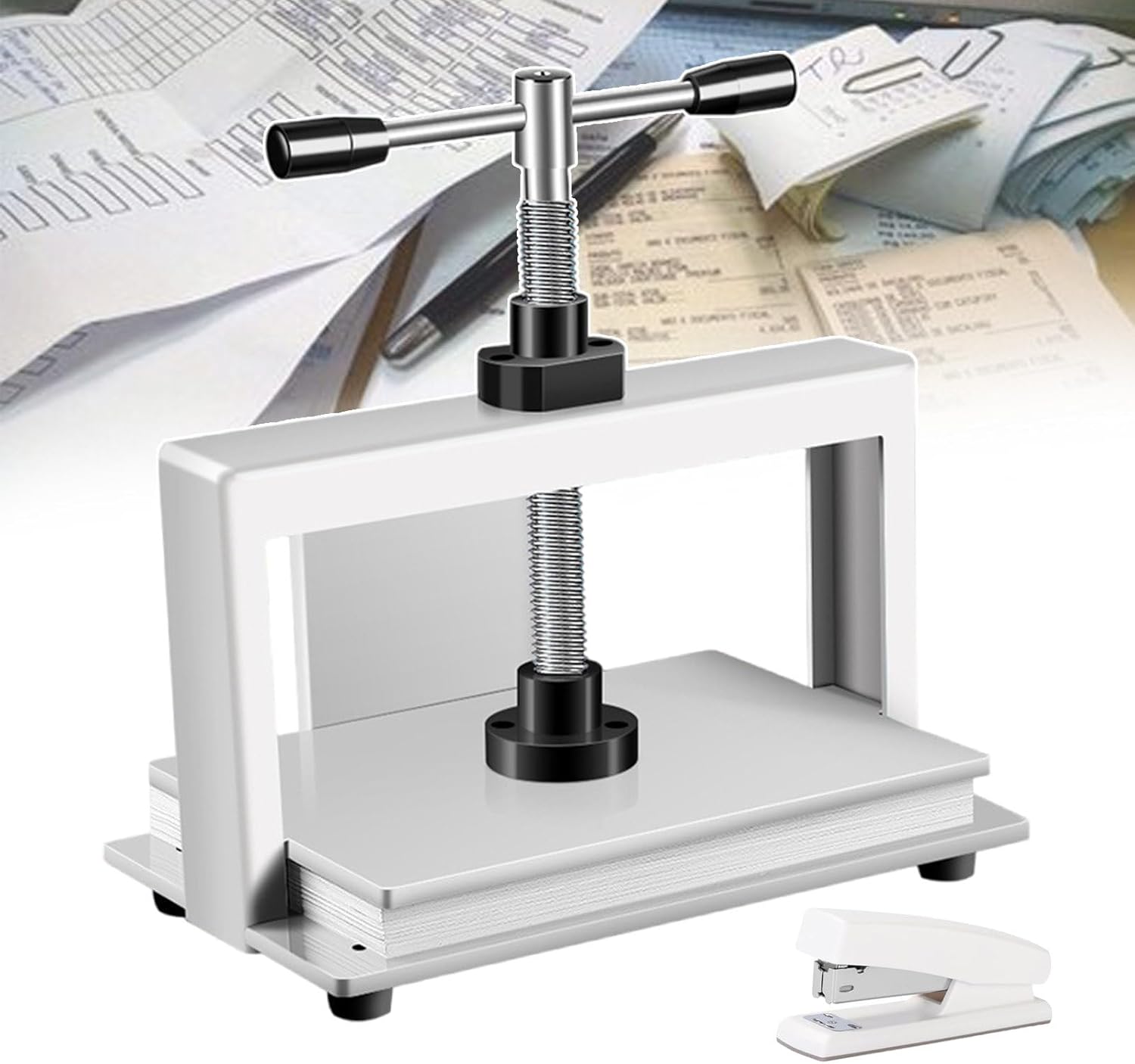 forplubossmmp Manual Bookbinding Press Machine 350 * 220 * 220MM | Bill Binding Machine Press 1500KG Paper Smoothing Machine | Three-Sided Baffles, Prevent the Paper From Sliding (with 1 Stapler)