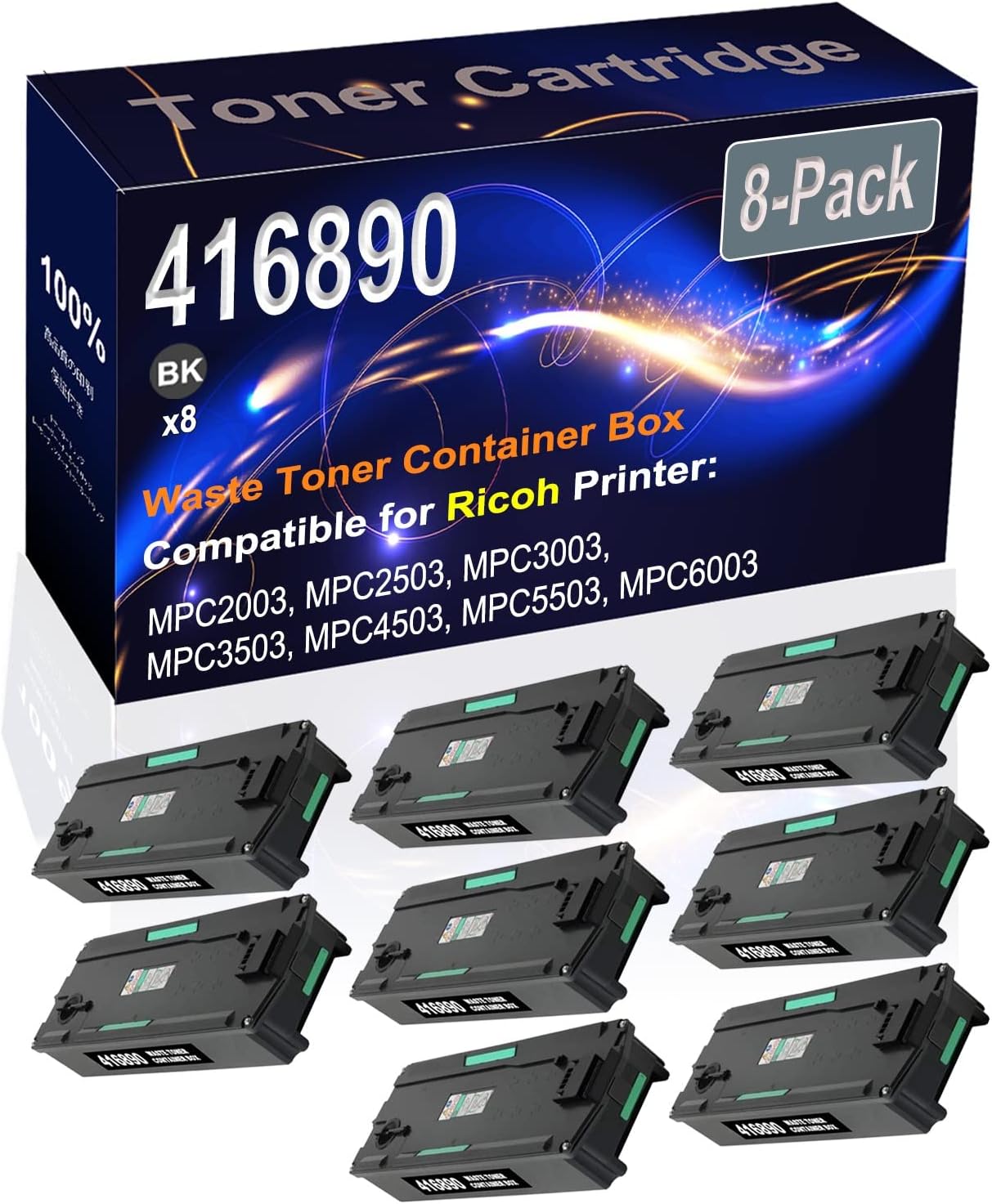 Kolasels 8-Pack (Black) Compatible 416890 Waste Toner Container Box (High Capacity) fit for Ricoh MPC2003 MPC2503 MPC3003 MPC3503 MPC4503 Printer
