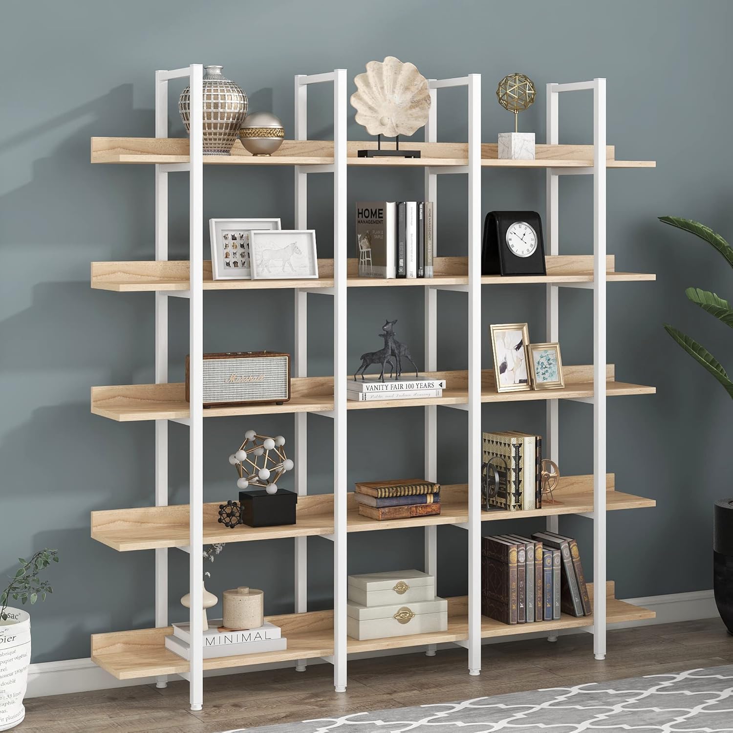 HXERY 5 Tier Bookcase Home Office Open Bookshelf, Vintage Industrial Style Shelf with Metal Frame, MDF Board (White+Oak)