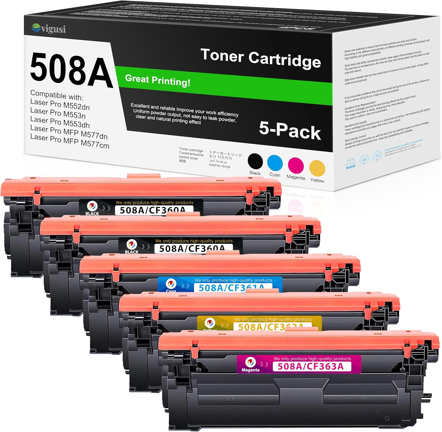508A Toner Cartridge Set 5 Pack M553 Toner Replacement for HP 508A CF360A CF361A CF362A CF363A Work for Enterprise M553dn M577 M553X M553N Printer Ink New Version (2BK/1C/1Y/1M)