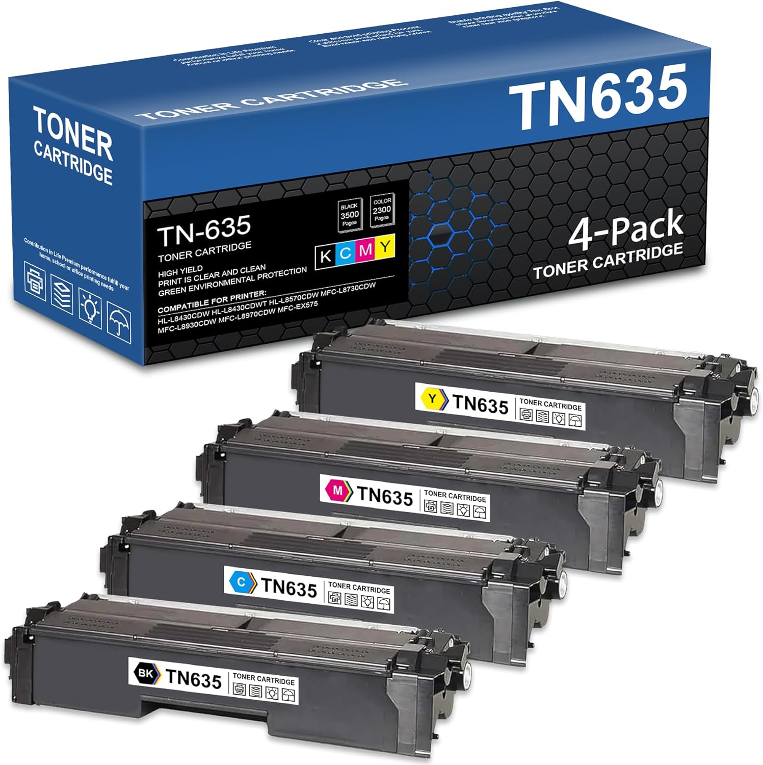 TN635 TN-635 Toner Cartridge Set 4-Pack Replacement for Brother TN 635 TN635 TN635XL for HL-L8430CDWT HL-L8430CDW HL-L8570CDW MFC-L8930CDW MFC-L8730CDW MFC-L8970CDW Printer