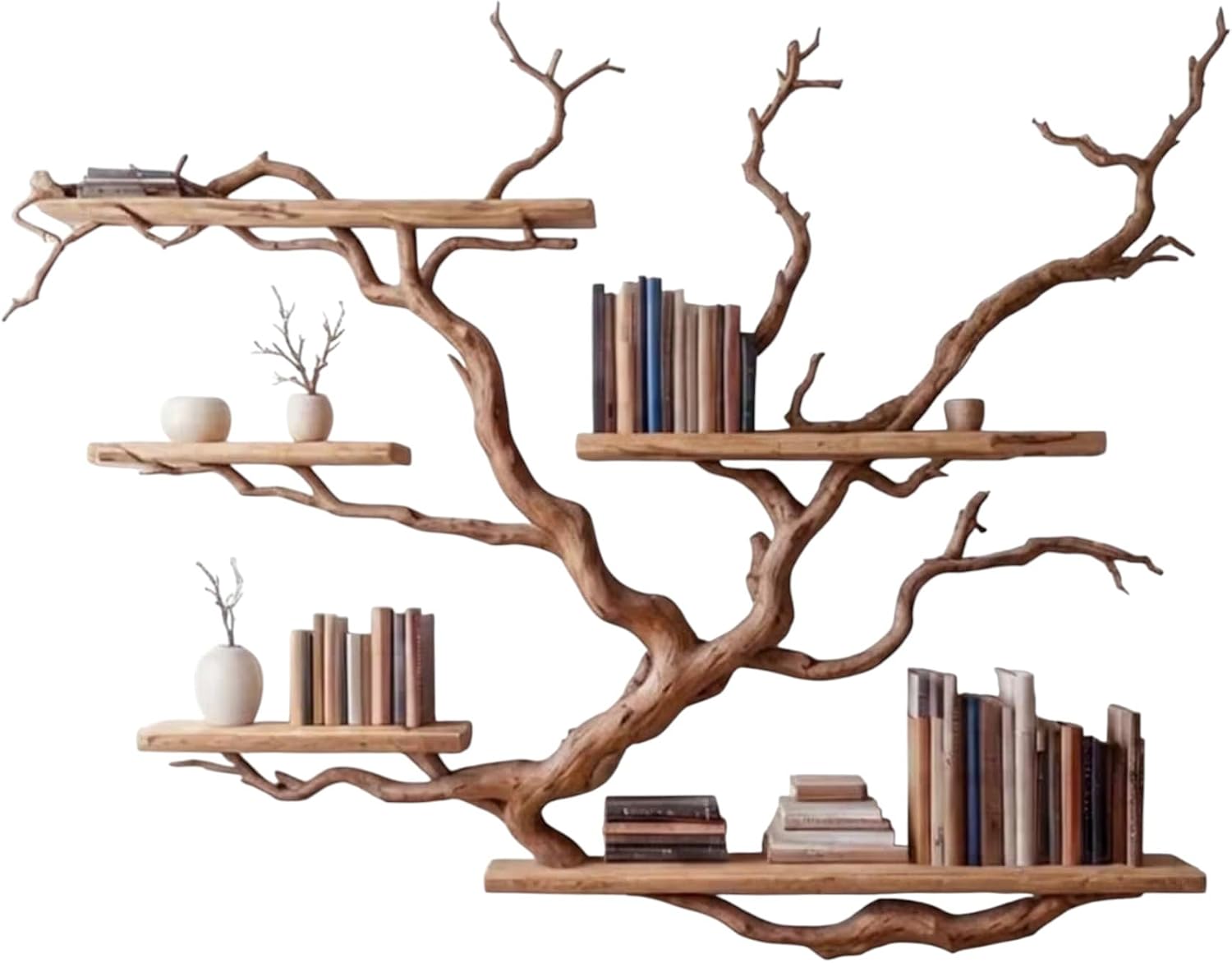 Zikako Tree Shaped Bookshelf Wall Mount – Rustic Wooden Bookcase Decor for Living Room, Handmade Solid Wood Tree Branch Floating Book Shelf for Living Room