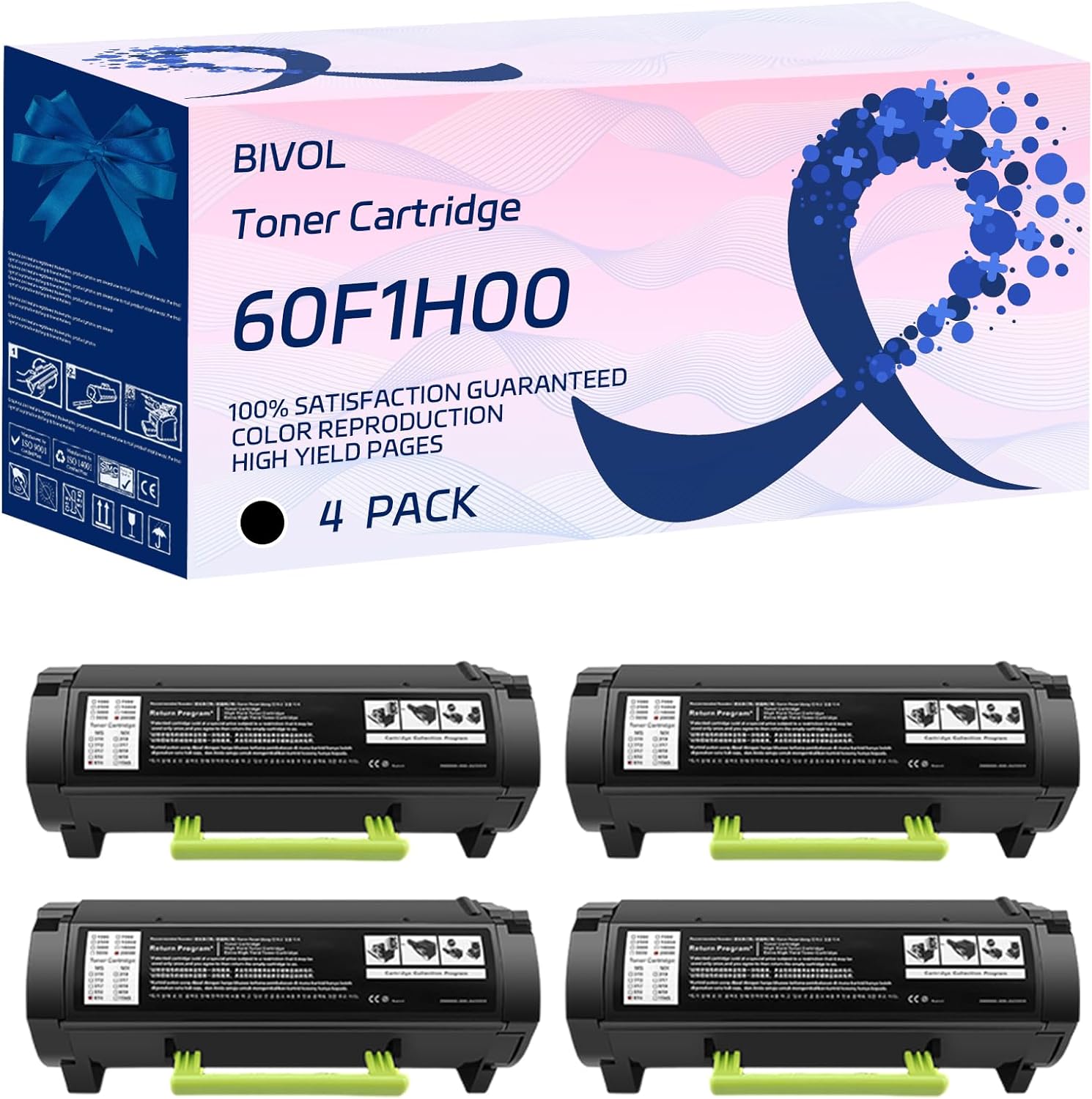 BIVOL 60F1H00 Toner Cartridge Compatible for Lexmark MX610de MX611de MX611dhe MX611dte Printers, with Chip, High Yield 20000 Pages, Vivid Colors (4 Pack Black)