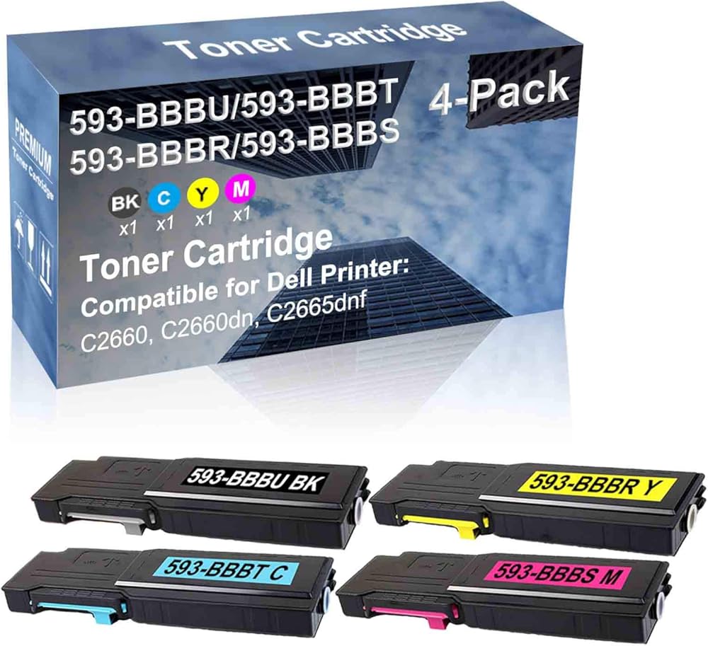 4-Pack (BK+C+Y+M) Compatible C2660, C2660dn, C2665dnf Printer Toner Cartridge High Capacity Replacement for Dell 593-BBBU+ 593-BBBT+ 593-BBBR+ 593-BBBS Toner Cartridge