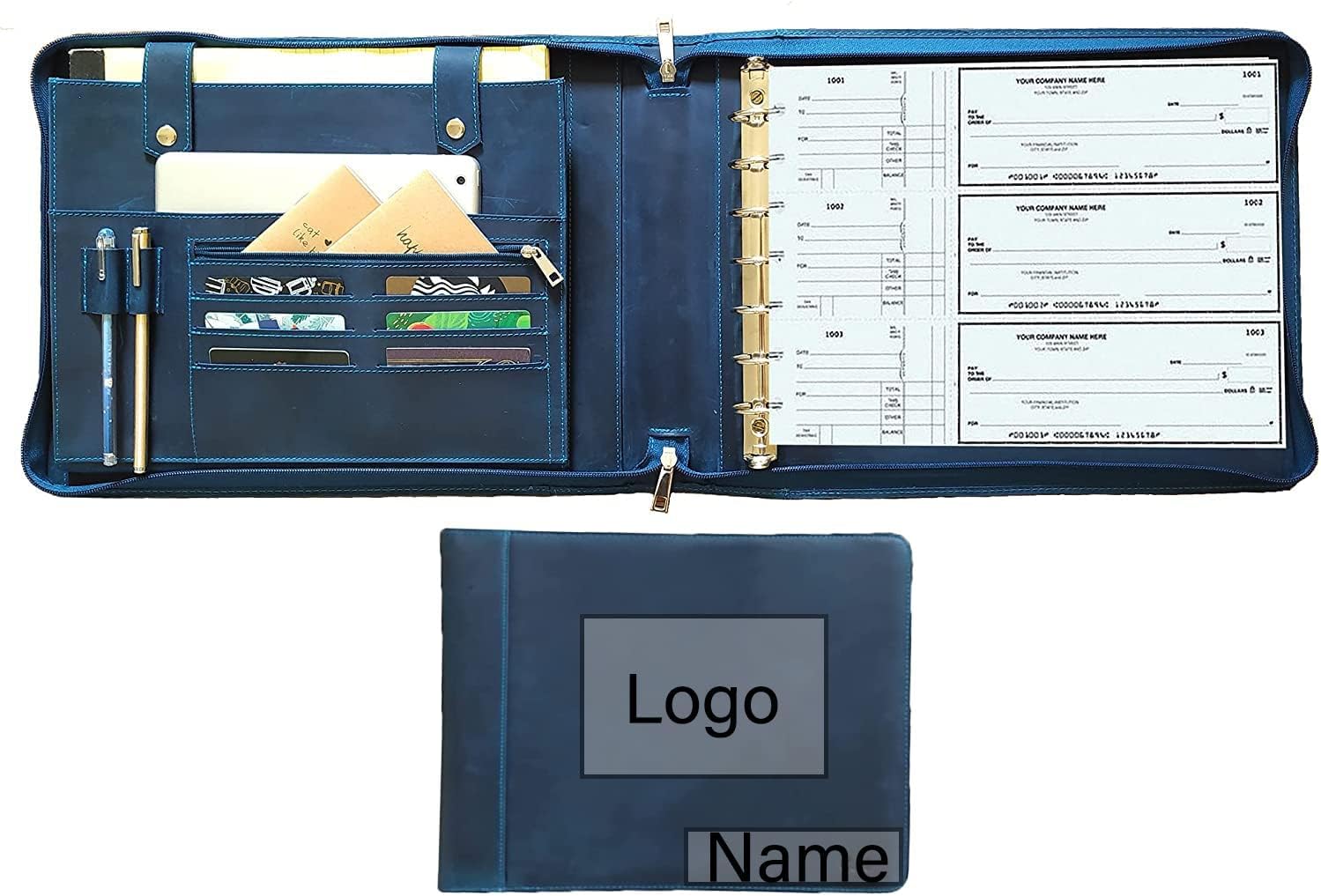 7-Ring Zippered Checkbook Binder for Business Checks - Premium Leather Portfolio Holds 600 Checks (9