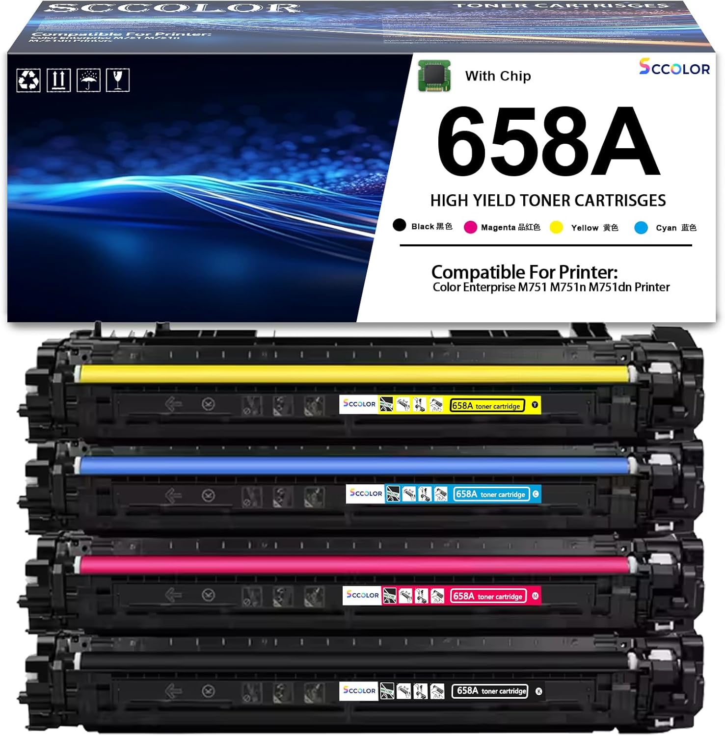 658A Toner Cartridge High Yield Compatible for HP 658A Toner Cartridge W2000A W2001A W2002A W2003A Black Cyan Yellow Magenta Replacement for Color Enterprise M751 M751n M751dn Printer