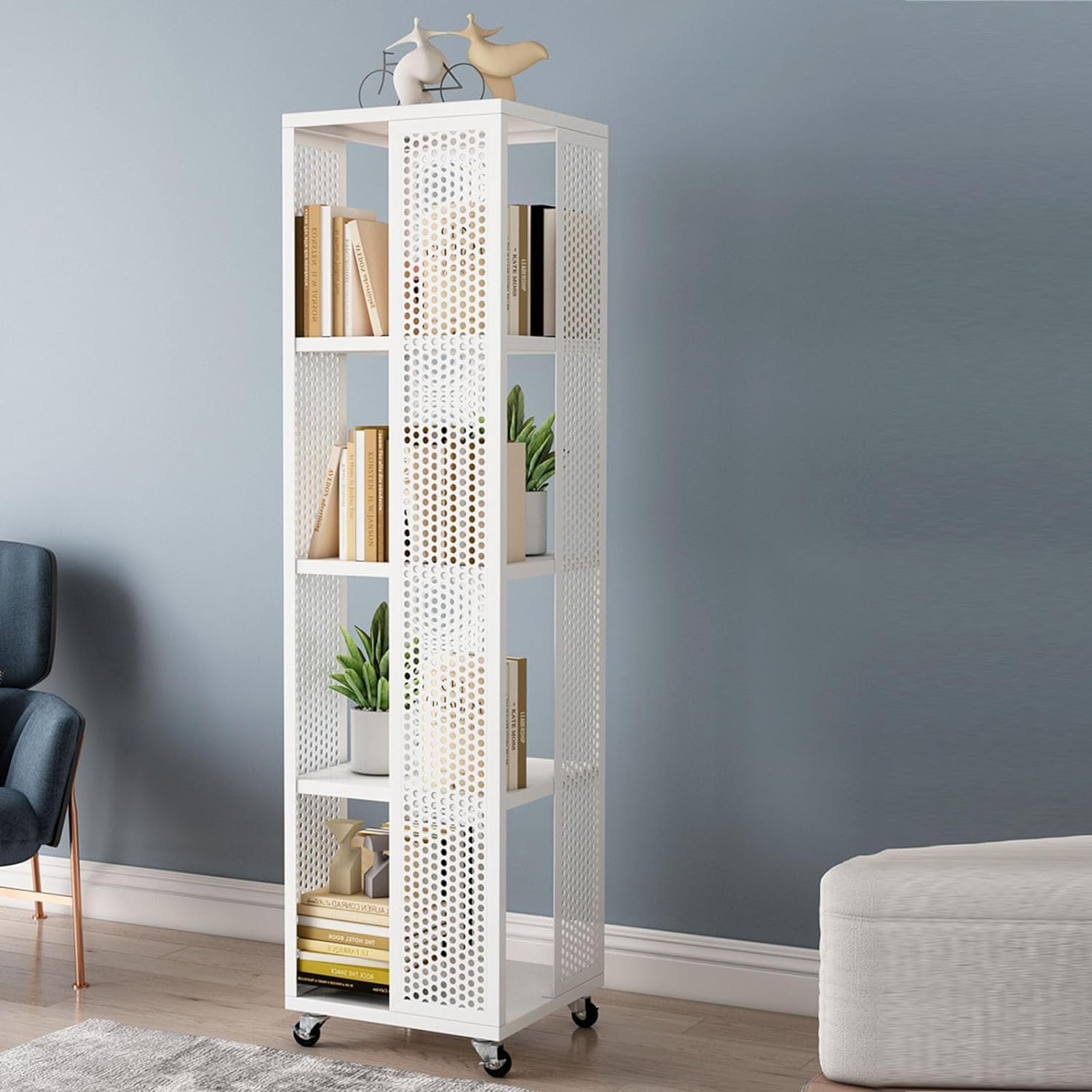 BKEKM Standing Bookcase 2-tier/3-tier/4-tier Bookshelves with Casters 360° Rotating Bookshelf Metal Floor Standing Book Shelf