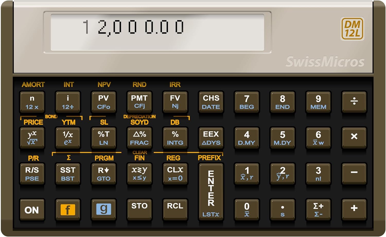 SwissMicros DM12L RPN Financial Calculator – HP 12C Inspired | Titanium Shell | TVM, NPV, IRR & Bonds | USB | Professional Gold Class