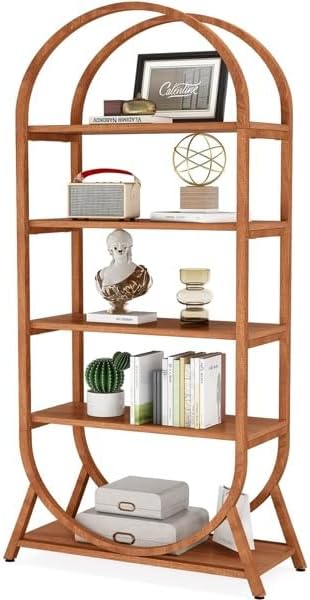 Orixforce 5-Shelf Arched Bookcase, Modern Tall Bookshelf with Metal Frame and Wooden Storage Shelves, Freestanding Etagere Display Rack for Living Room, Bedroom, or Home Office