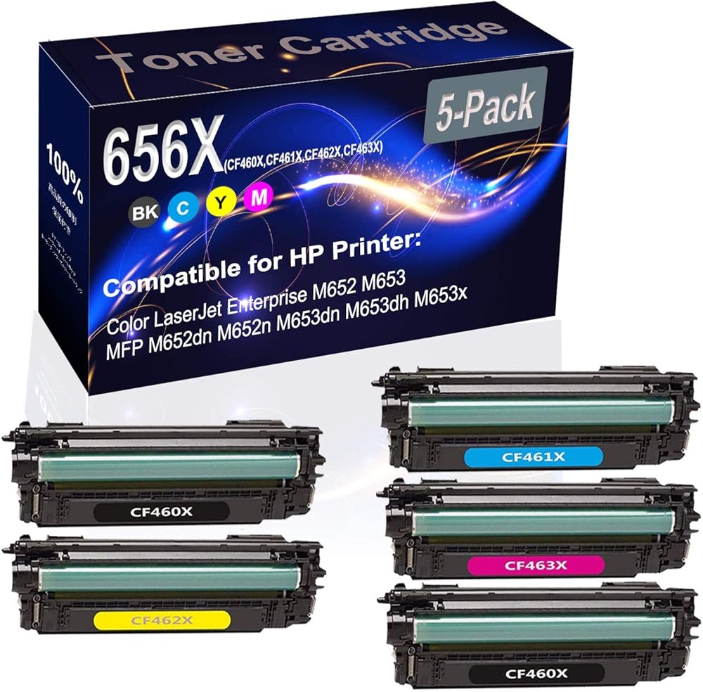 5-Pack (2BK+C+Y+M) Compatible High Yield 656X (CF460X CF461X CF462X CF463X) Printer Toner Cartridge use for HP M652 M653 Printers