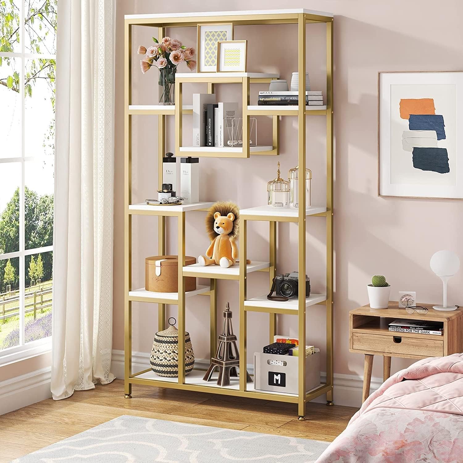 71 Inch Tall Bookshelf Freestanding Geometric Bookcase White and Gold Modern Contemporary Metal Wood Includes Hardware