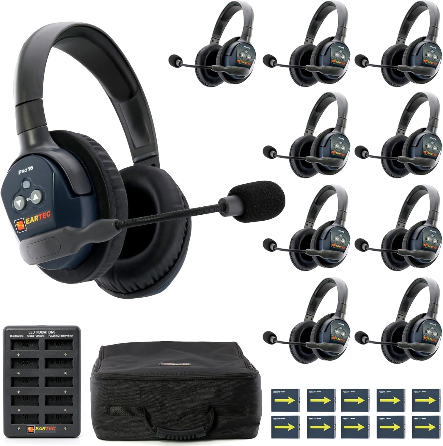 EARTEC Ultralite PRO16 ETP10D Full-Duplex Long Range Wireless Intercom System - 10 Dual Ear Headsets, Up to 1/2 Mile Range, 2.4 GHz, U.S. Company
