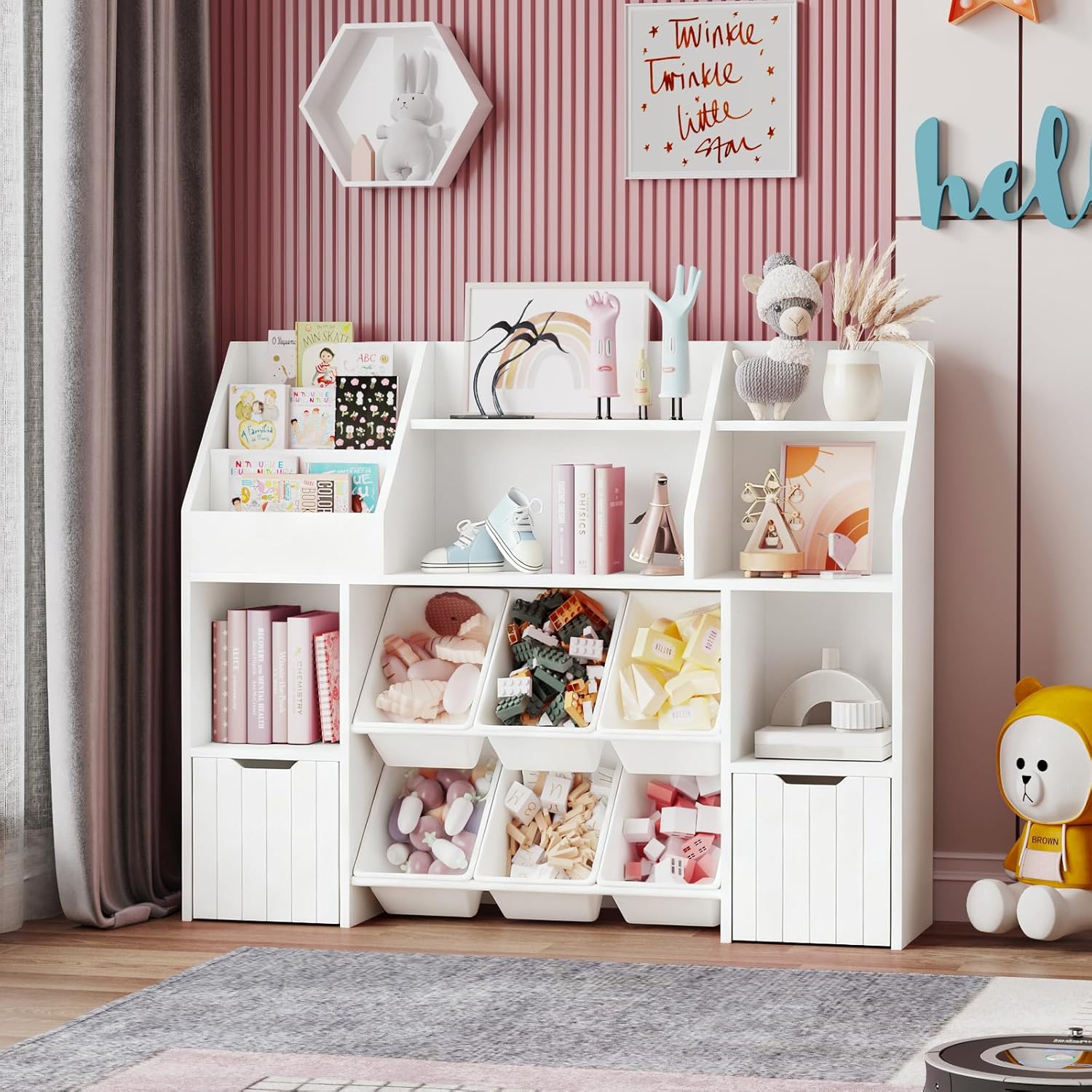 Wooden Kids' Bookcase,Toy Room Storage and Organization,Equipped with 2 Sliding Drawers and 6 Toy Storage Baskets,Safe Anti Tipping Design,Suitable for Children' Rooms (Kids Bookshelf-White)