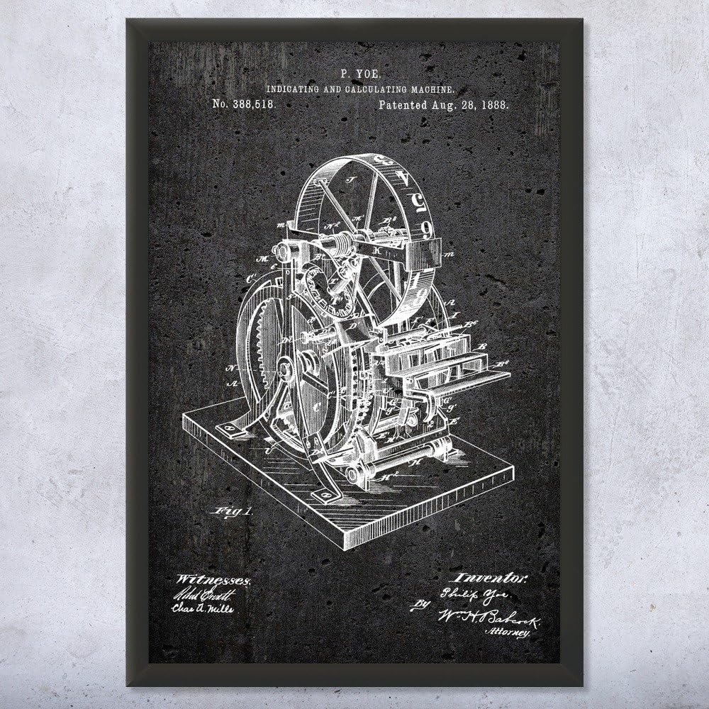 Framed Calculating Machine Print, Accountant Gift, Calculator Wall Art, Math Teacher Gift, Calculator Blueprint Dark Concrete (18x24)