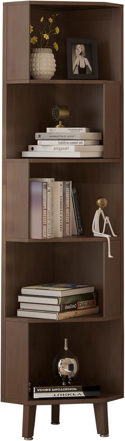 5 Tier Corner Bookshelf with Storage，WILK Bamboo Corner Bookcases Display Rack for Home Office, Living Room, Study Room (71.4’’ Tall - Brown)