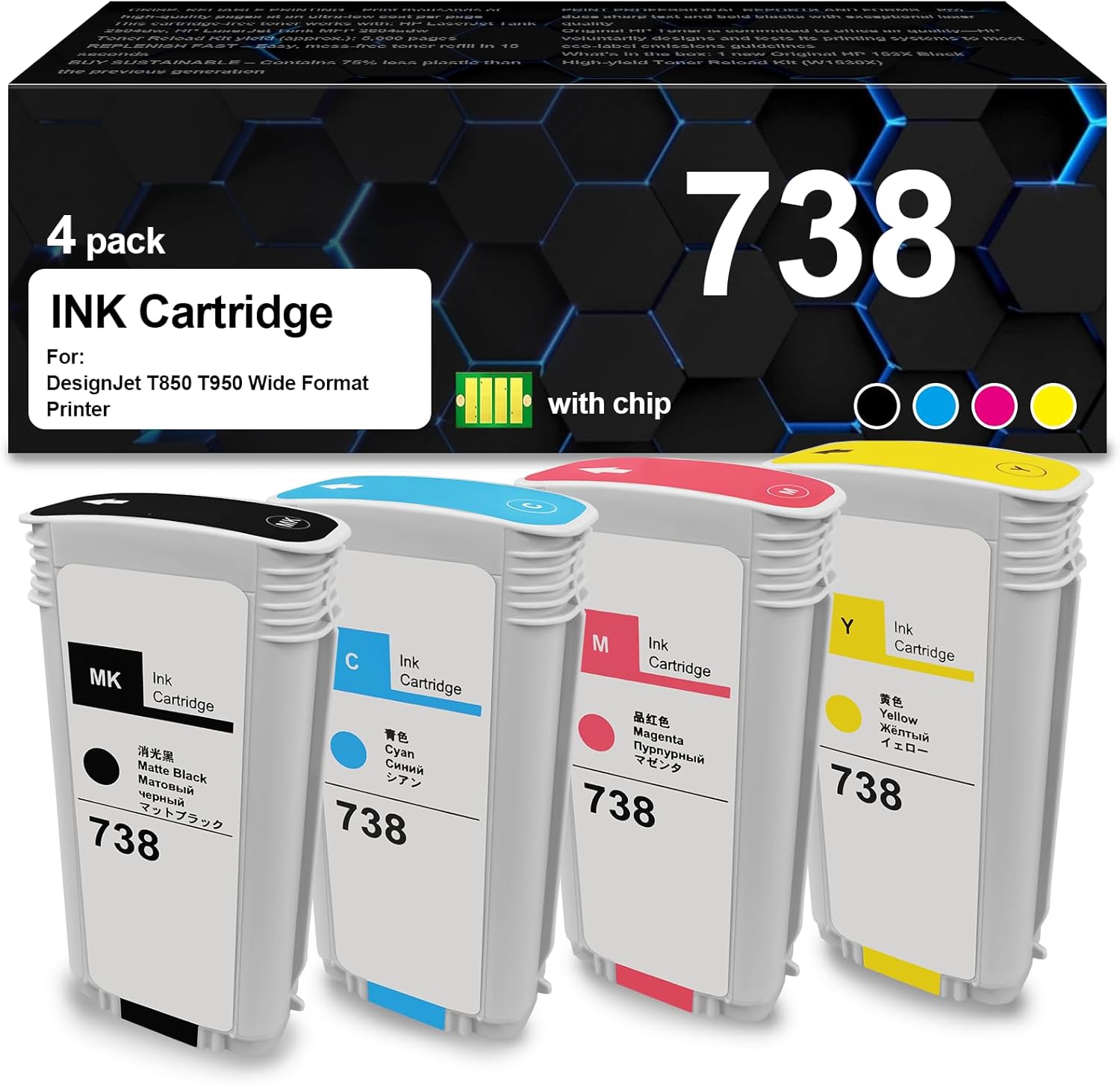 738 Ink Cartridge 738XL Compatible for HP 738 Ink DesignJet T850 T950 Printers (4Packs,Black, Cyan, Magenta, Yellow,498N5A 498N6A 498N7A 498N8A)