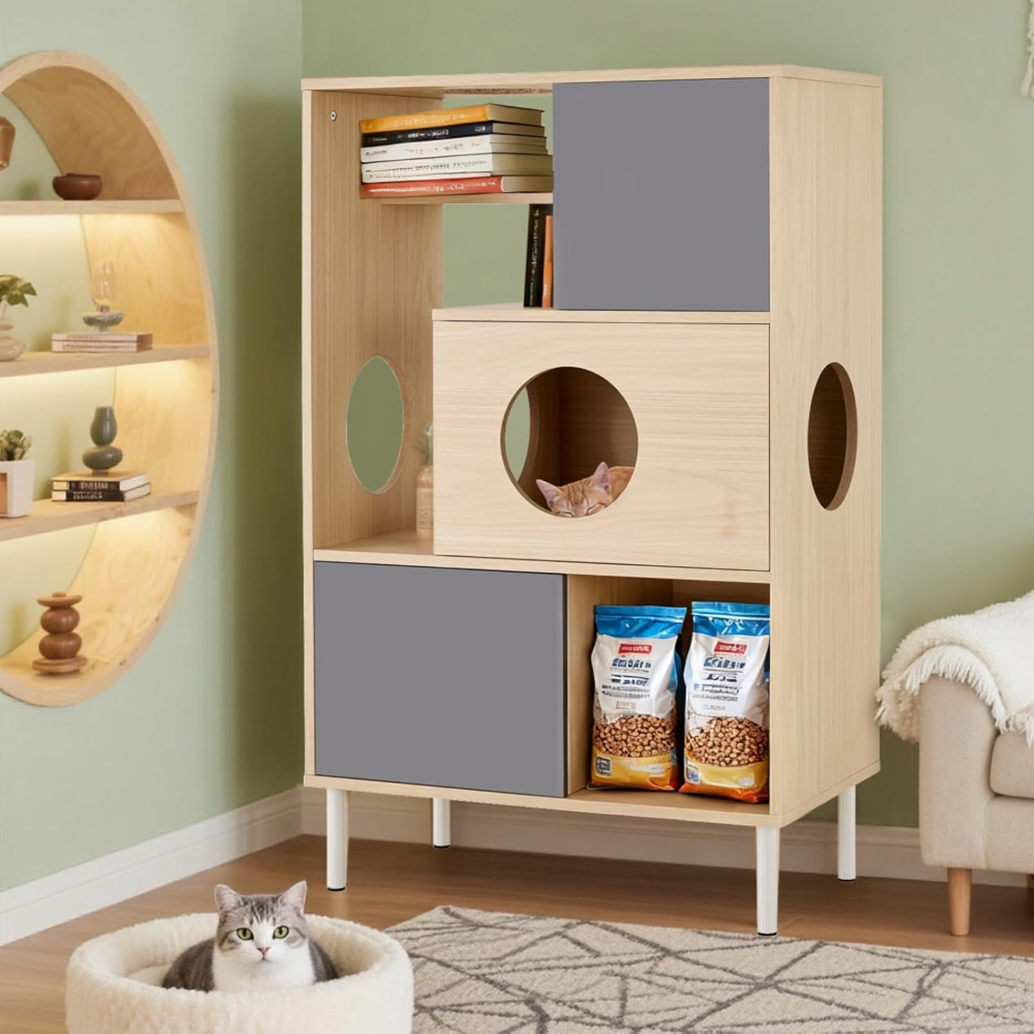 2 in 1 Modern Cat Tree Bookshelf with Storage, Wood Bookcase with Litter Box Enclosure, Cat Climbing Shelves with Hidden Storage