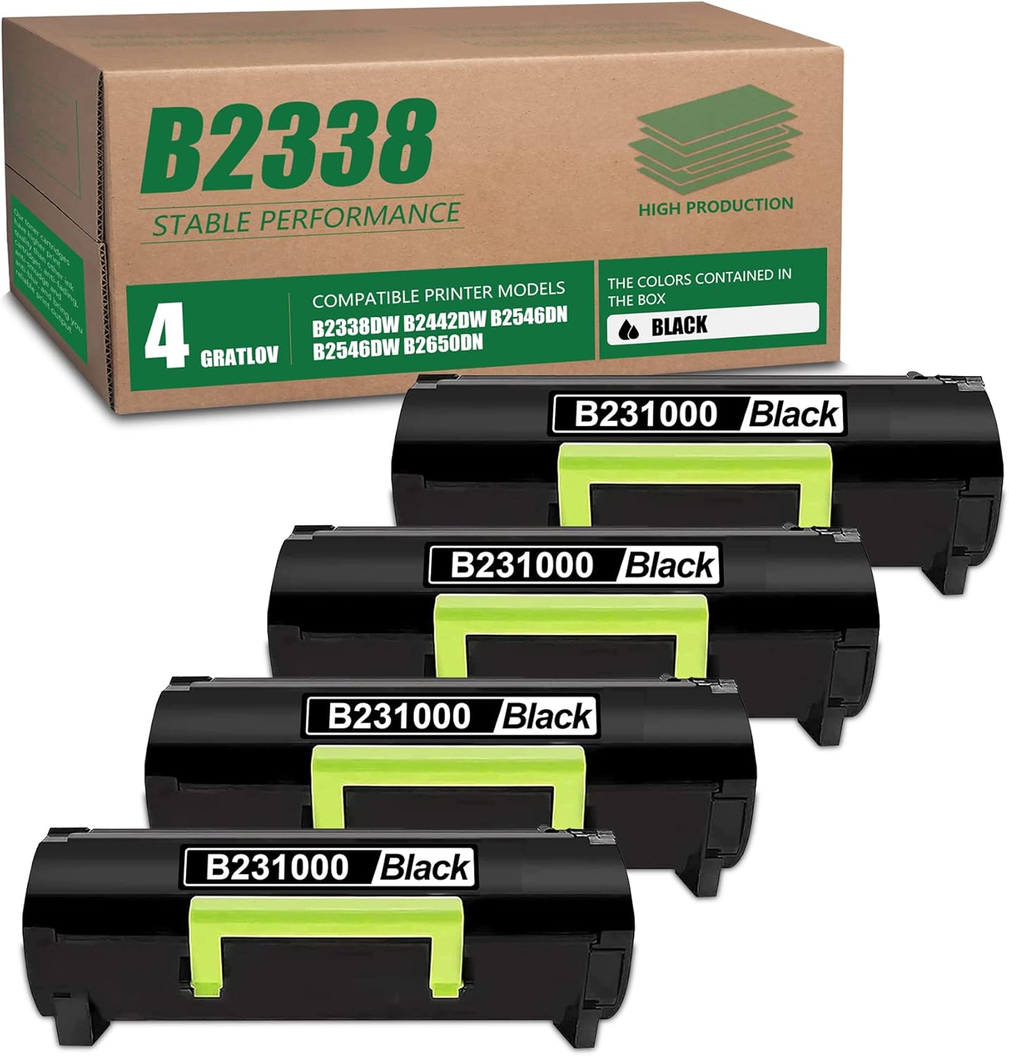 B2338/B231000 Toner Cartridge- Compatible B231000 High-Yield Toner Replacement for Lexmark B2338 B231000 B2338dw B2442dw B2546dn B2546dw B2650dn Printer (Black, 4-Pack)