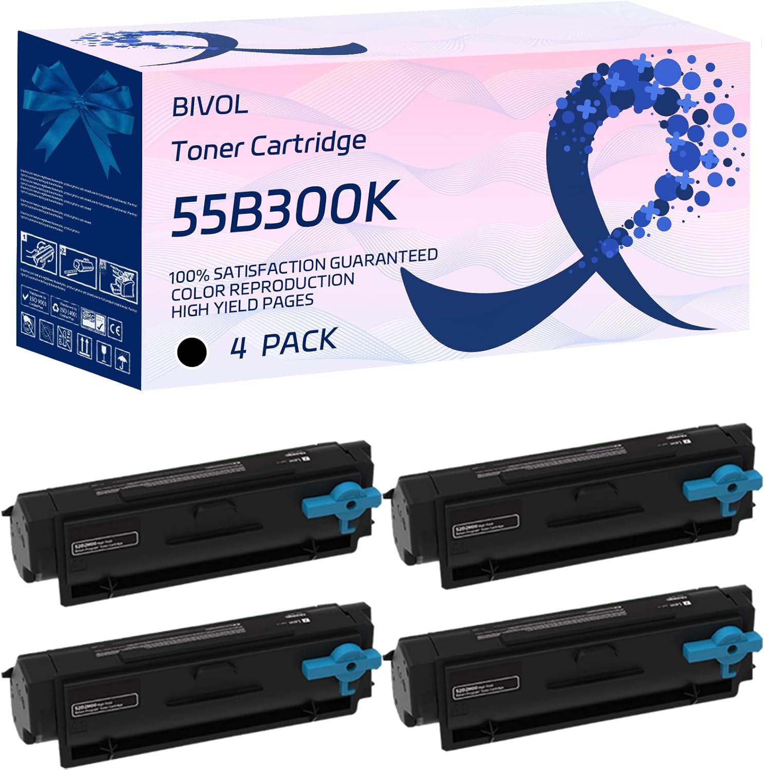 BIVOL 55B300K Toner Cartridge Compatible for Lexmark MS439dn Printers, with Chip, High Yield 3000 Pages, Vivid Colors (4 Pack Black)