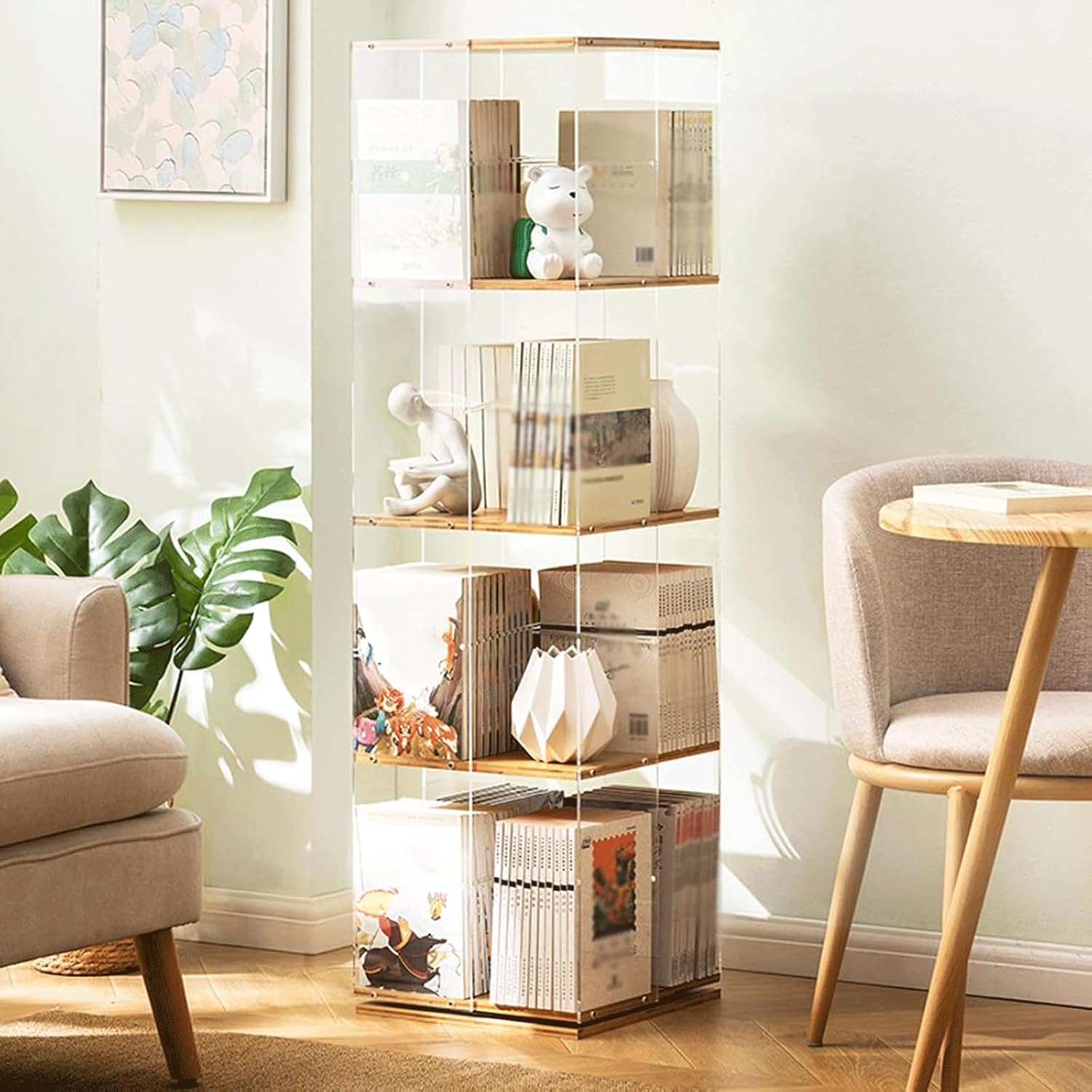 PZEOB 3/4/5 Tiers Rotating Bookshelf Tower Bamboo Rotating Bookcase Clear Acrylic Floor Standing Bookcase 360° Rotating Book Shelf