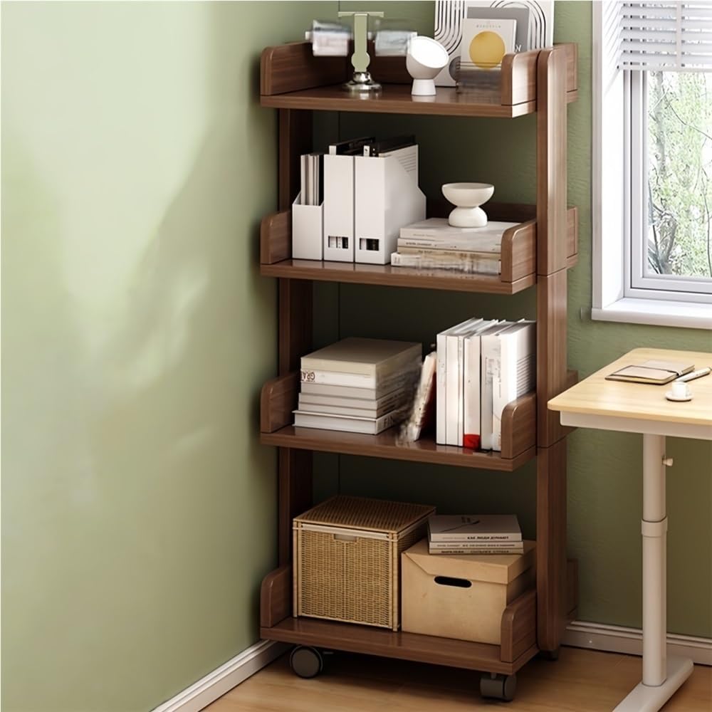Rtyuioaz Solid Wood Floor-Standing Bookshelf with Multi-Layer Storage, 360° Rotating Portable Bookcase with Wheels, Freestanding Display Rack for Living Room or Office(Brown,48 * 32 * 105cm)