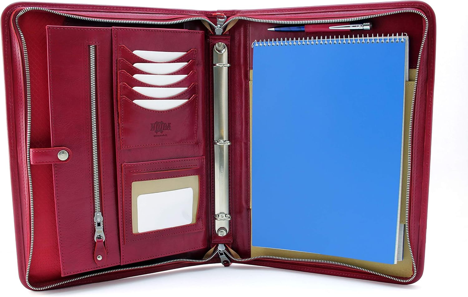 Noda Executive Leather Padfolio 3 Ring Binder Professional Business Portfolio w/Zippered Closure | Resume, Document, Notepad, Tablet, Writing Pad Organizer | Men, Women (Red)