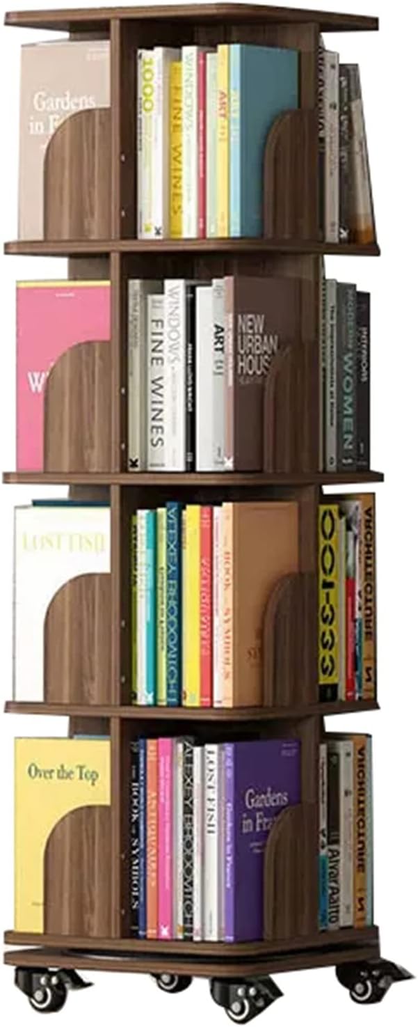 Bookcases Rotating Bookshelf 360° Shelf Movable Bookcase Home with Wheels 2/3/4 Layers to Save Space (Color : Brown, Size : 40 * 40 * 137.7cm)