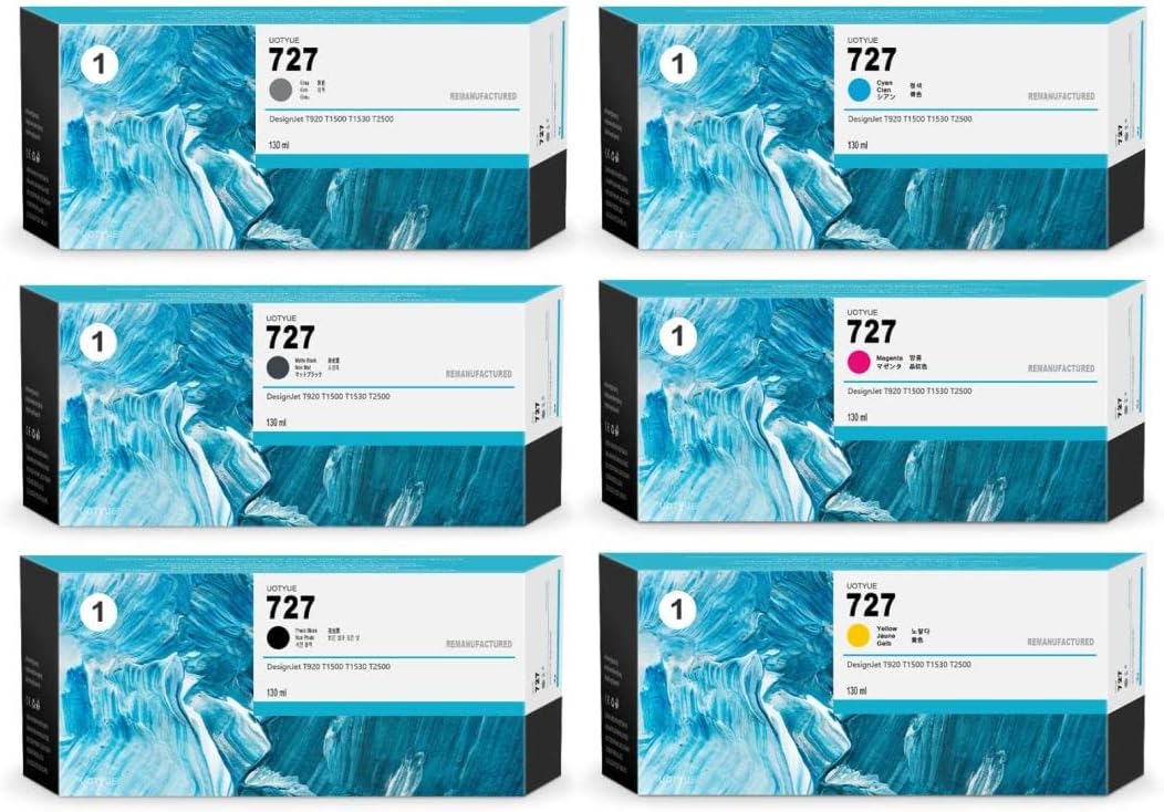 727 Full Color Ink Cartridges(6-Pcs, 300-ml Matte Black, 130-ml Photo Black/Gray/Cyan/Magenta/Yellow) - Compatible Ink Replacement for HP 727 Work with DesignJet T1530 T2500 T920 T1500 T2530 Printer
