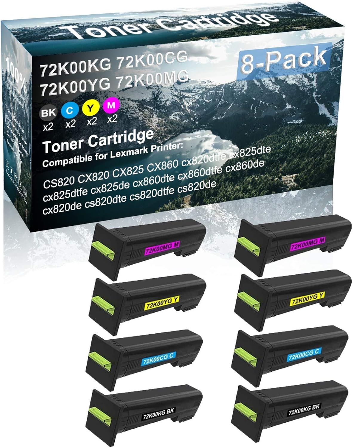 8 Pack (BK+C+Y+M) Compatible Printer Toner Replacement for Lexmark 72K00KG 72K00CG 72K00YG 72K00MG Printer Cartridge use for cx825dtfe cx825de cx860dte cx860dtfe cx860de Printer