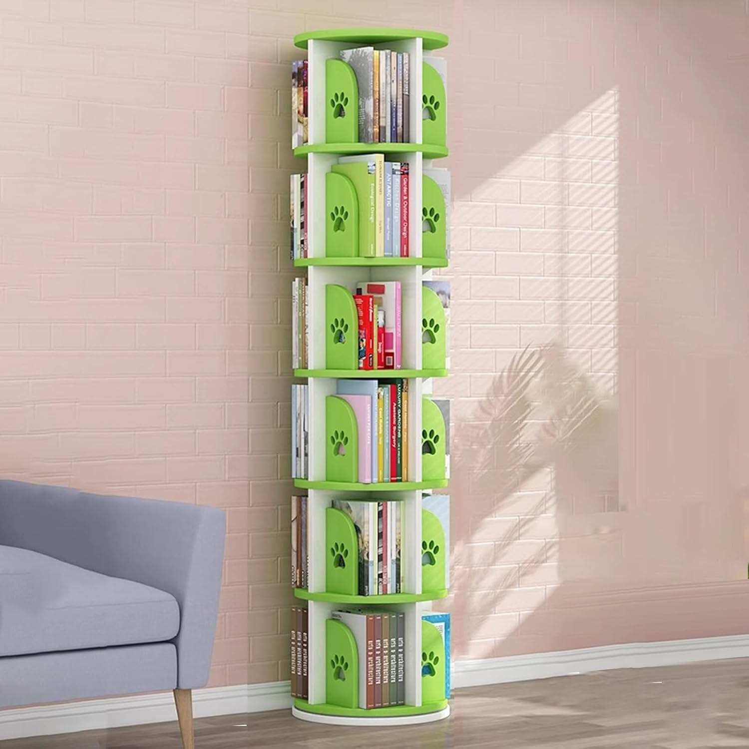 Rotating Bookshelf Tower, Colorful Corner Bookshelf, Floor Standing Bookcase 360 Display Storage Rack for Living Room/Study/Library Bookshelf Organizer(3/4/5/6 Tier) ( Color : Green , Size : 6-tier )