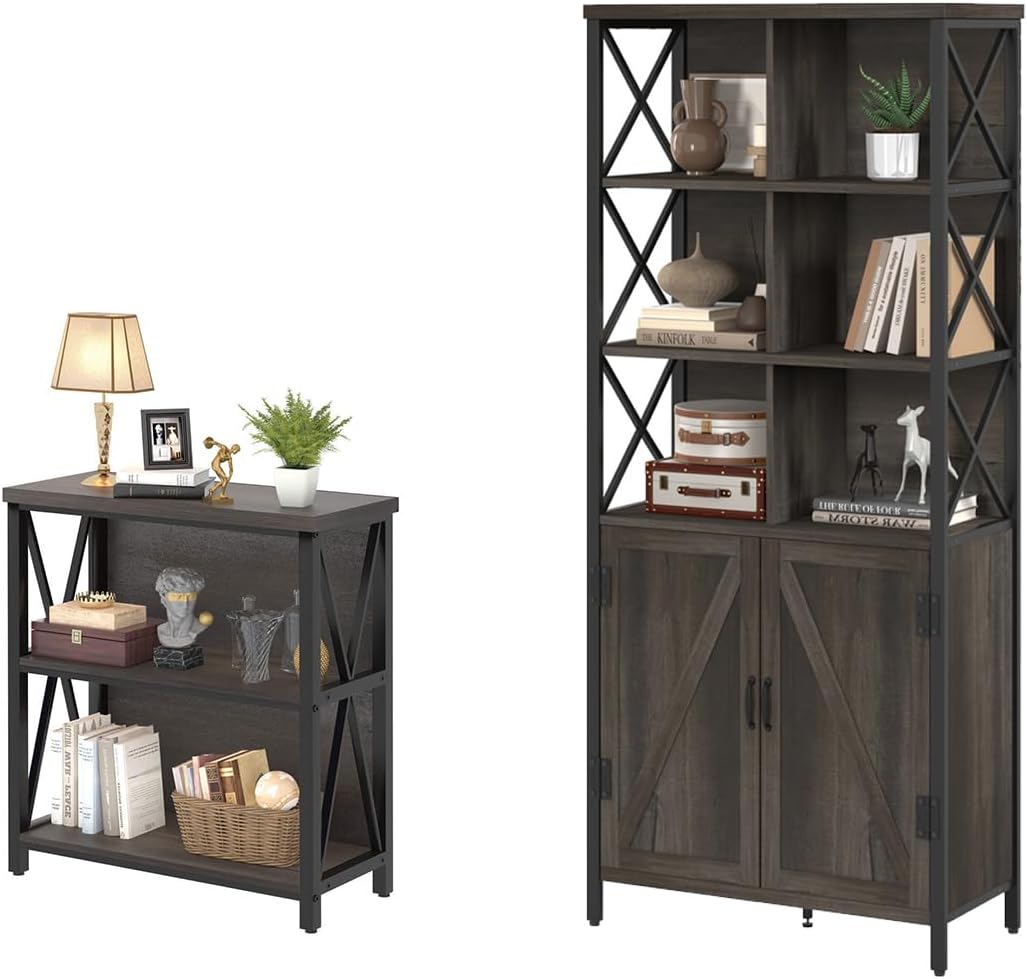 FATORRI Rustic Short Bookshelf and Bookcase with Doors (Walnut Brown)