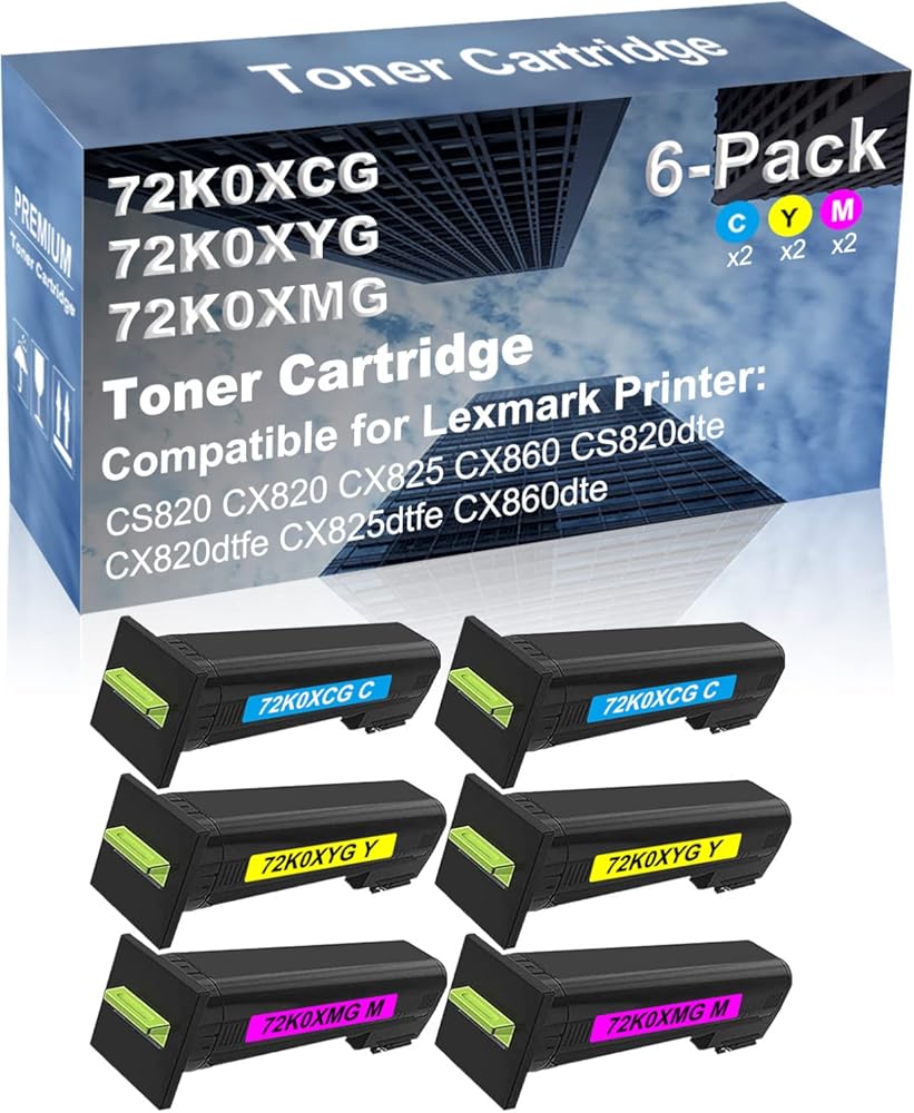 6-Pack (2C+2Y+2M) Compatible High Yield 72K0XCG+ 72K0XYG+ 72K0XMG Laser Printer Toner Cartridge Used for CX825dtfe CX860dte Printer