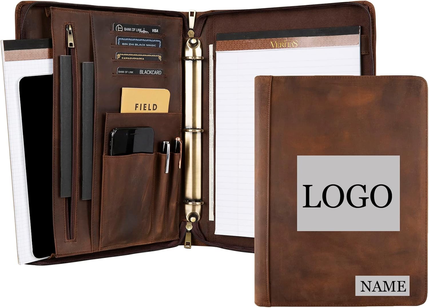 Custom Leather Portfolio, Vintage Binder Engraved, 3 Ring Binder - Handmade Personalized Padfolio for Women & Men - Dark Khaki