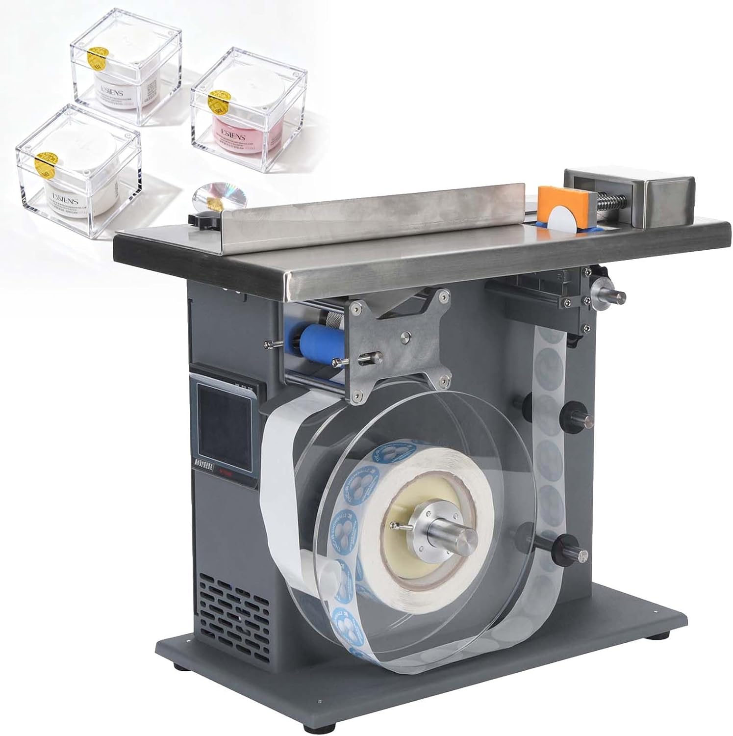 LYNNEYING Semi-Automatic Right Angle Labeler, 90° Corner Applicator, 15-30 PCS/Min, Light Sensor Recognition, Metal Painted Sheet, Fits φ25-30mm Labels, for Food, Cosmetic Packaging